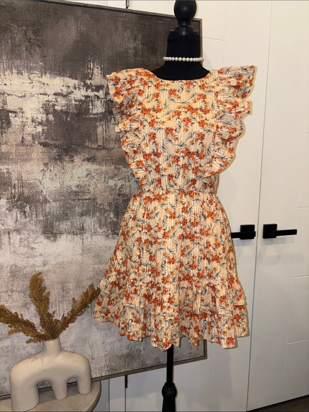 MINKPINK Cream Floral Ruffle Mini Dress with Orange Blooms